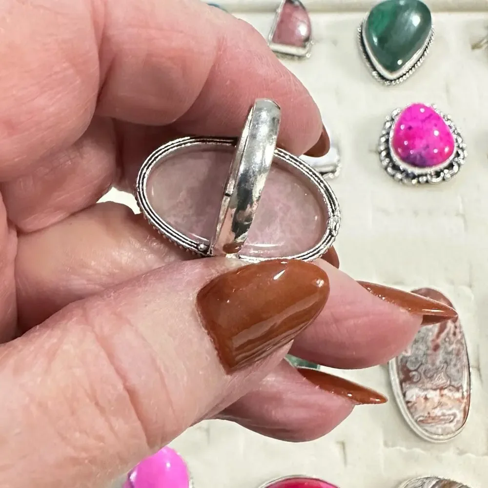 Handmade Ring rhodonite oval gemstone stamped 925 silver overlay‎ pink size 6